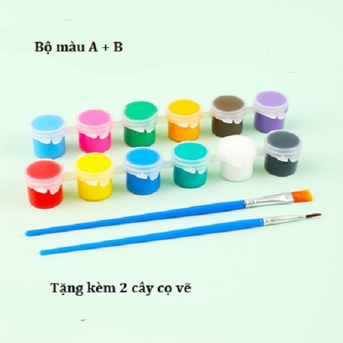 Set 12 Màu Cơ Bản Sơn Nước Acrylic 5ml chống nước tặng kèm cọ vẽ cho người mới tô tượng, làm Handmade