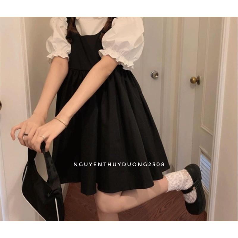 Set yếm+áo sơmi cổ sen tay bèo Ulzzang