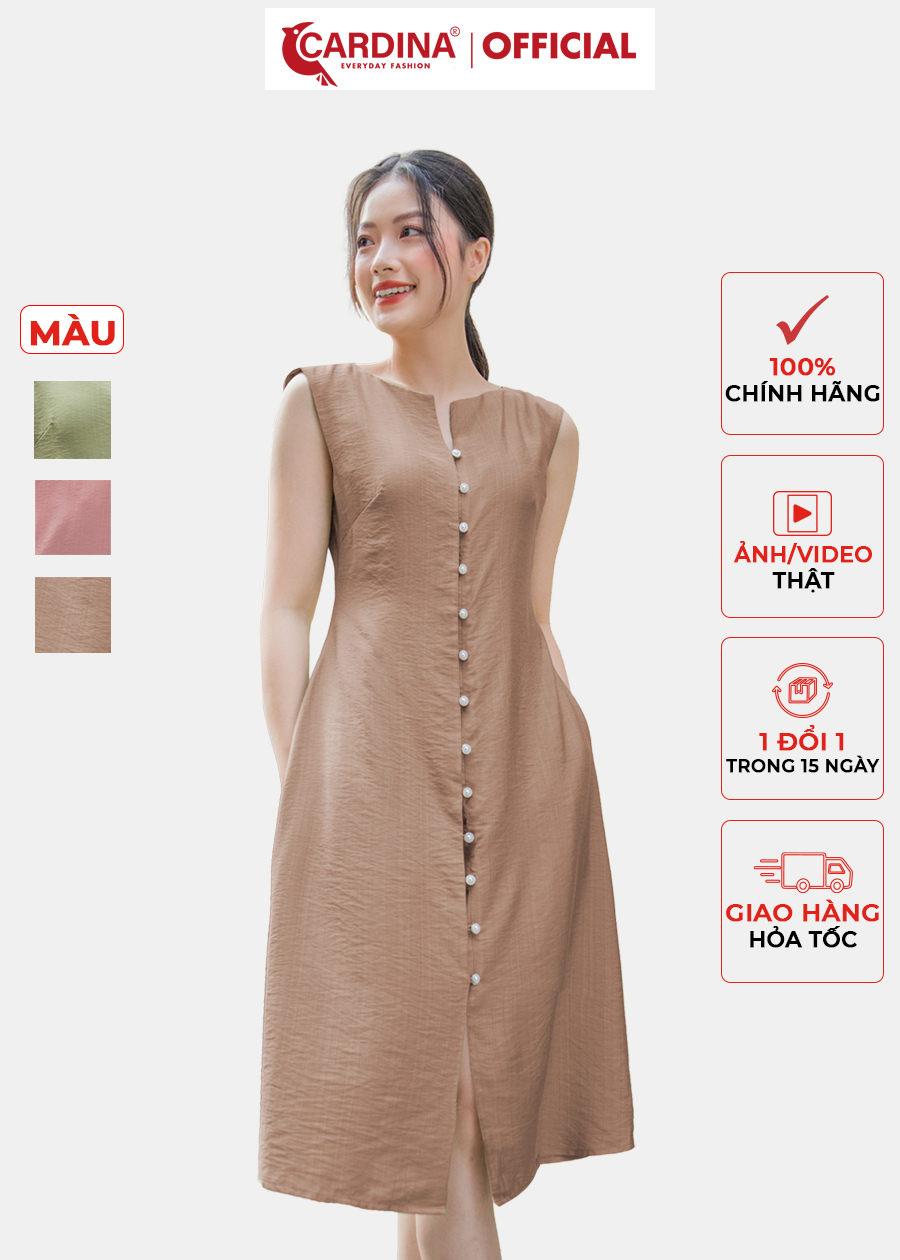 Đầm Nữ CARDINA Sát Nách Chất Đũi Bamboo Cao Cấp Dáng Suông Cài Khuy Giữa Thanh Lịch 3VD01