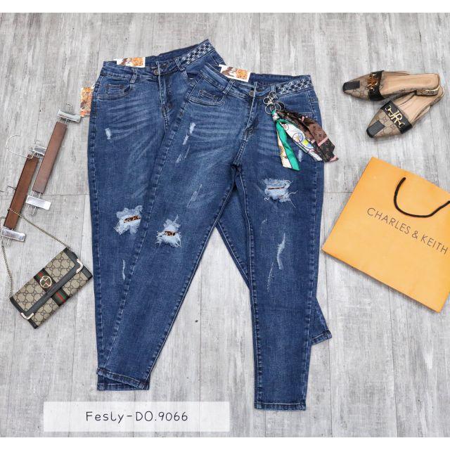 Quần Jean Nữ Baggy Xanh Thêu Cạp Túi Lưng Cao