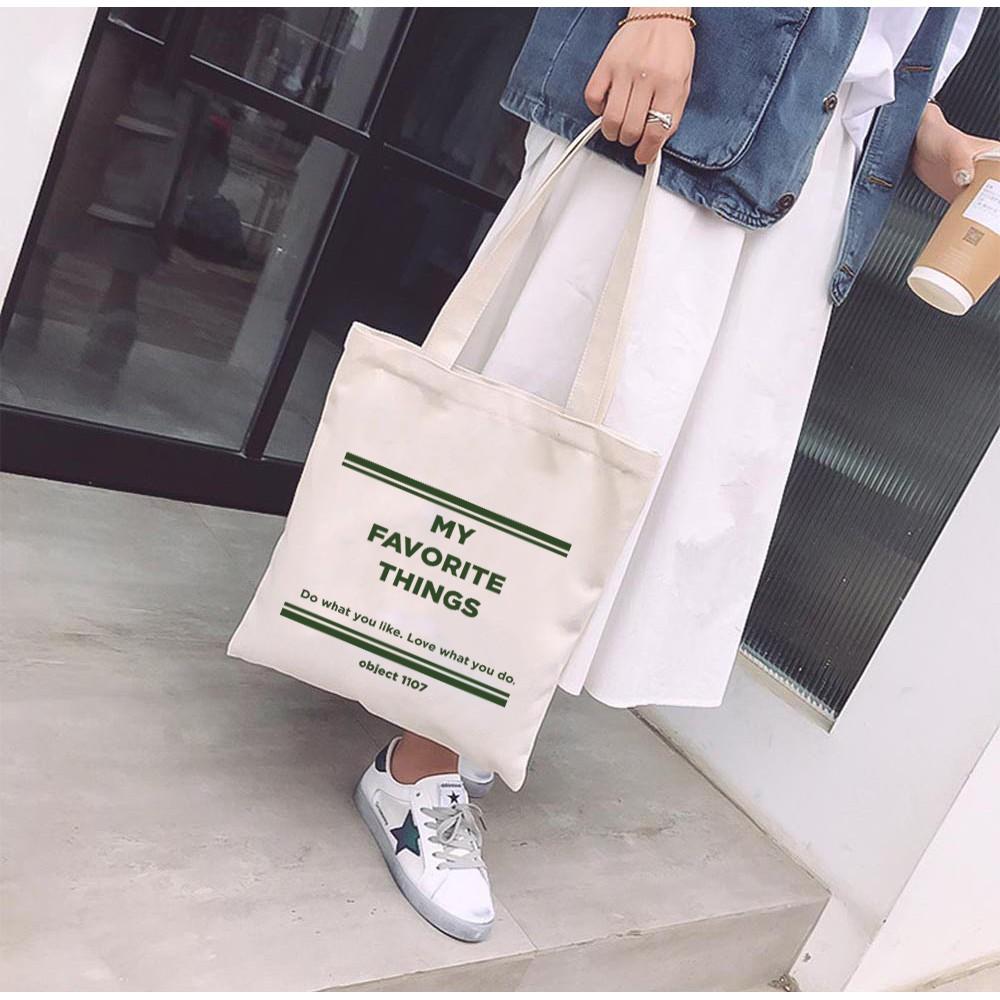 Túi Tote Vải Mộc Ginko kiểu basic có dây kéo khóa miệng túi đựng vừa laptop 14 inch và nhiều đồ dùng khác In Hình My Favorite Things M07