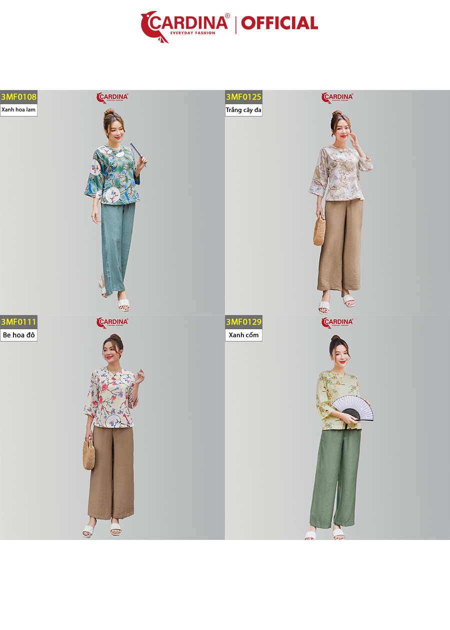 Đồ Bộ Nữ CARDINA Cao Cấp Bộ Đi Chùa Áo Lụa Mango Họa Tiết Cổ Tàu Tay Lỡ Quần Dài Chất Đũi Bamboo 3MF01
