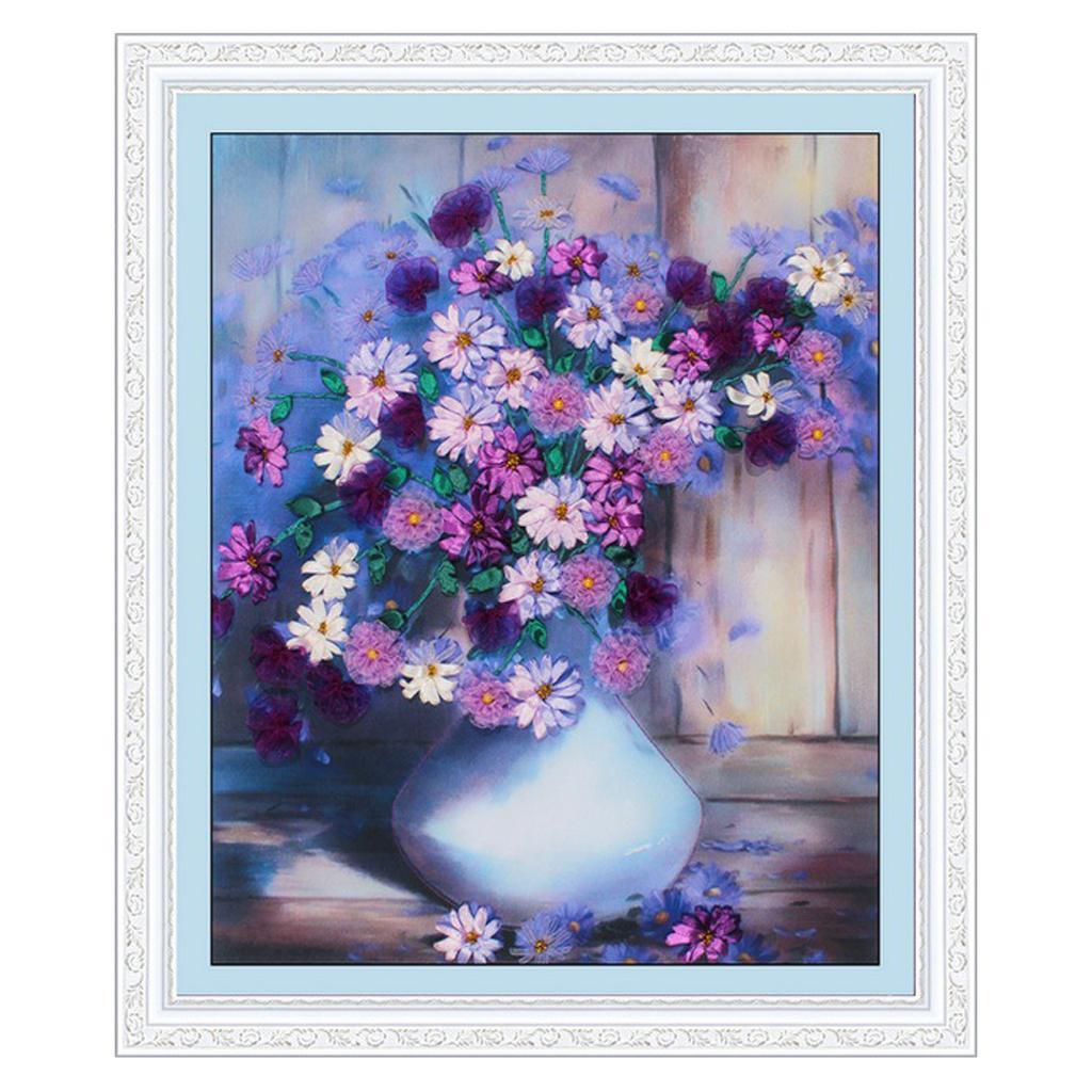 Flower Ribbon Embroidery Set Cross Stitch DIY Wall Decor 60x50cm