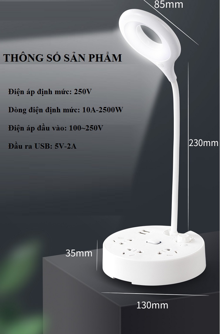 Ổ cắm chống sét đa năng Đ8 Tích hợp 3 ổ cắm điện + 2 cổng USB; có khay để điện thoại, máy tính bảng- Tặng kèm 3 miếng dán siêu chắc