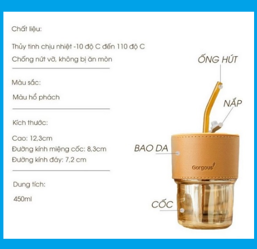 Cốc Ly Thủy Tinh 450ML Bọc Da Cao Cấp Tặng Kèm Nắp Đậy Và Ống Hút Thủy Tinh GD596-LyTT