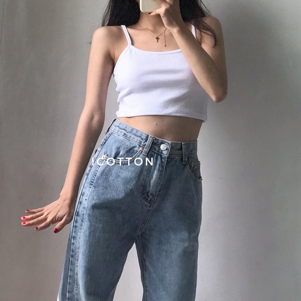 Áo 2 dây croptop nữ ️iCotton️ Áo 2 dây nữ dáng ngắn 100% cotton trắng đen cao cấp