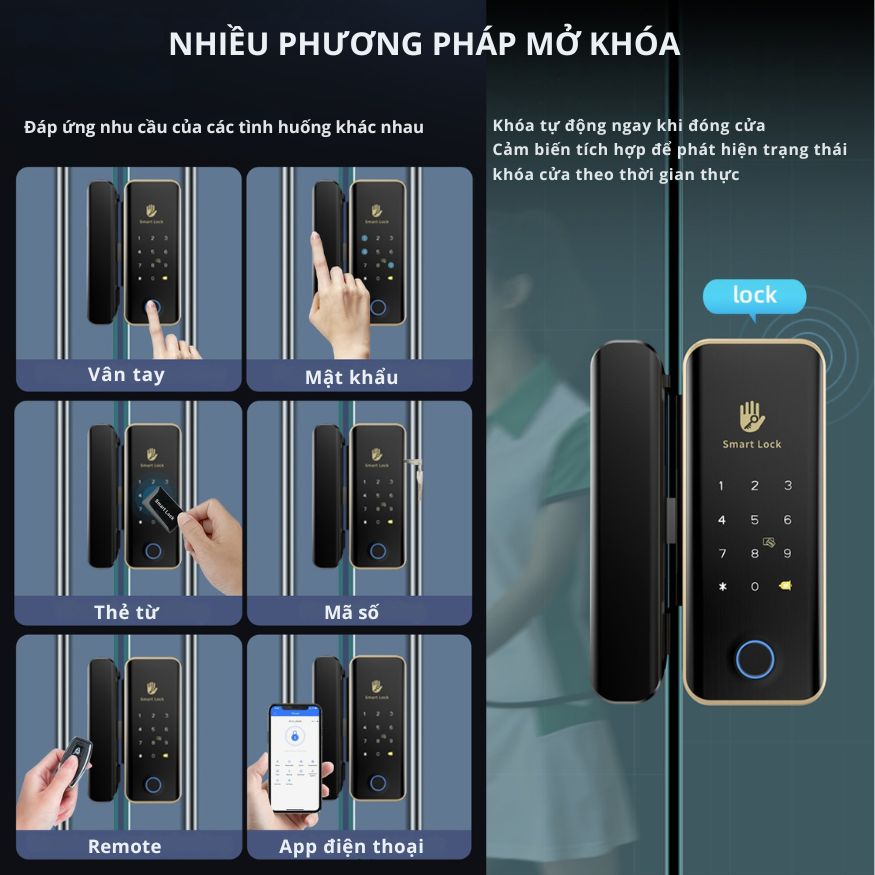 Khóa Cửa Thông Minh Kachi MK45 cho cửa không có khung như cửa kính, cửa gỗ trượt – Mở Khóa App Tuya + Vân tay + Chìa khóa + Thẻ từ + Mã số - hàng chính hãng