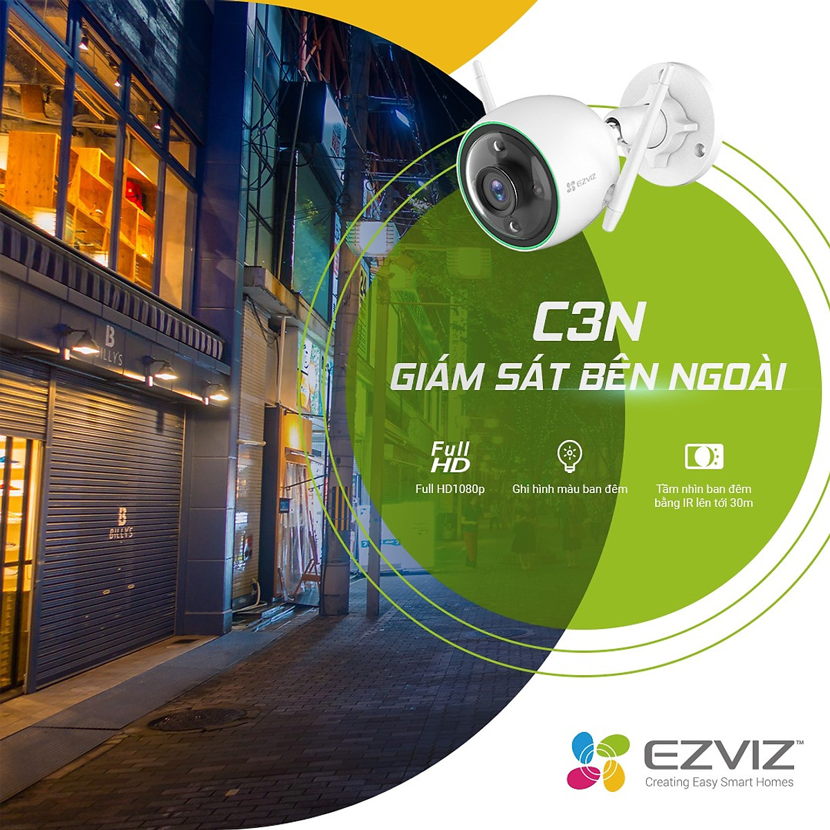 Camera Wifi EZVIZ CS-C3N 2MP FullHD, Có Màu Ban Đêm, Lắp Ngoài Trời - Hàng Chính Hãng