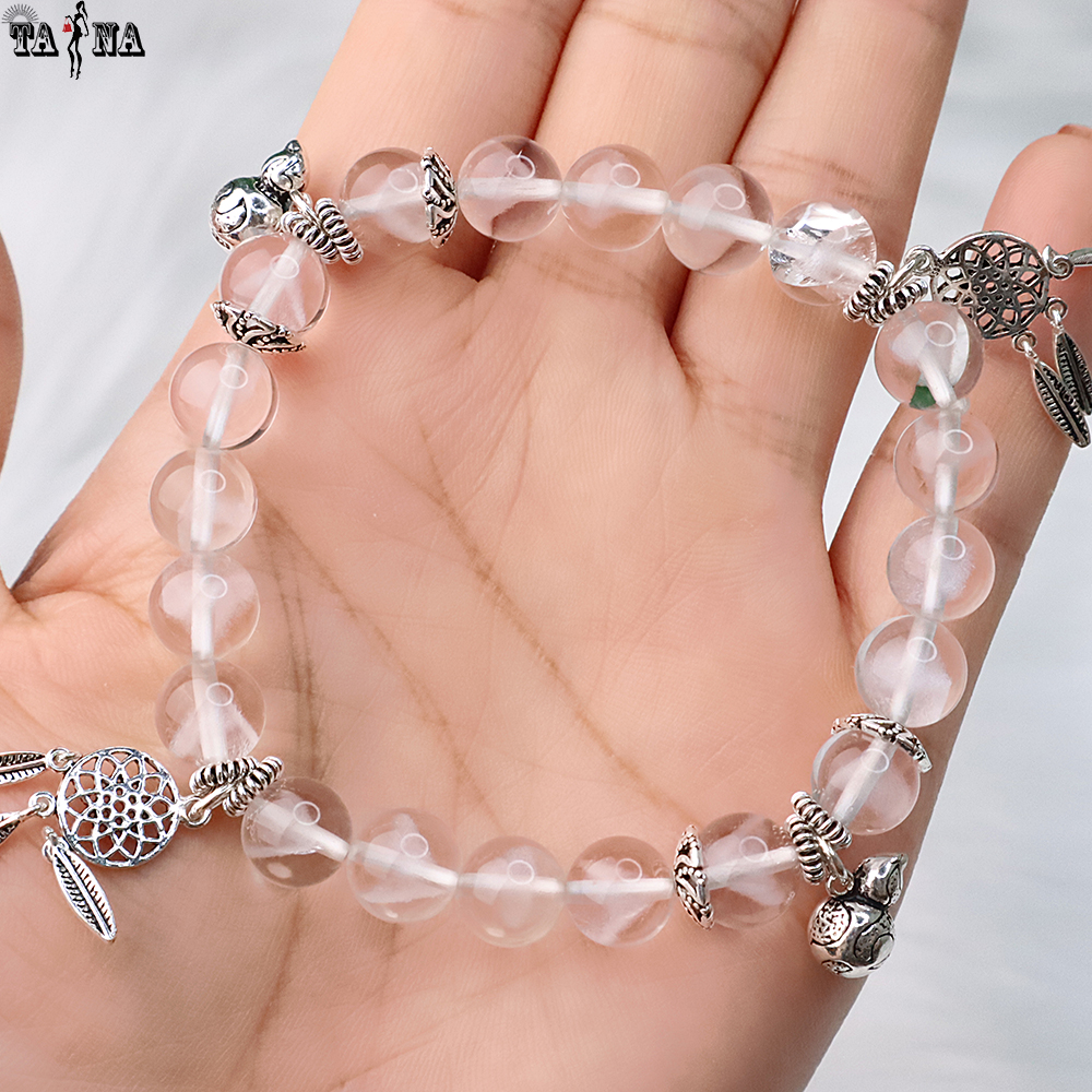 Vòng đá ưu linh trắng 8mm 5A mix charm bạc 925 cao cấp