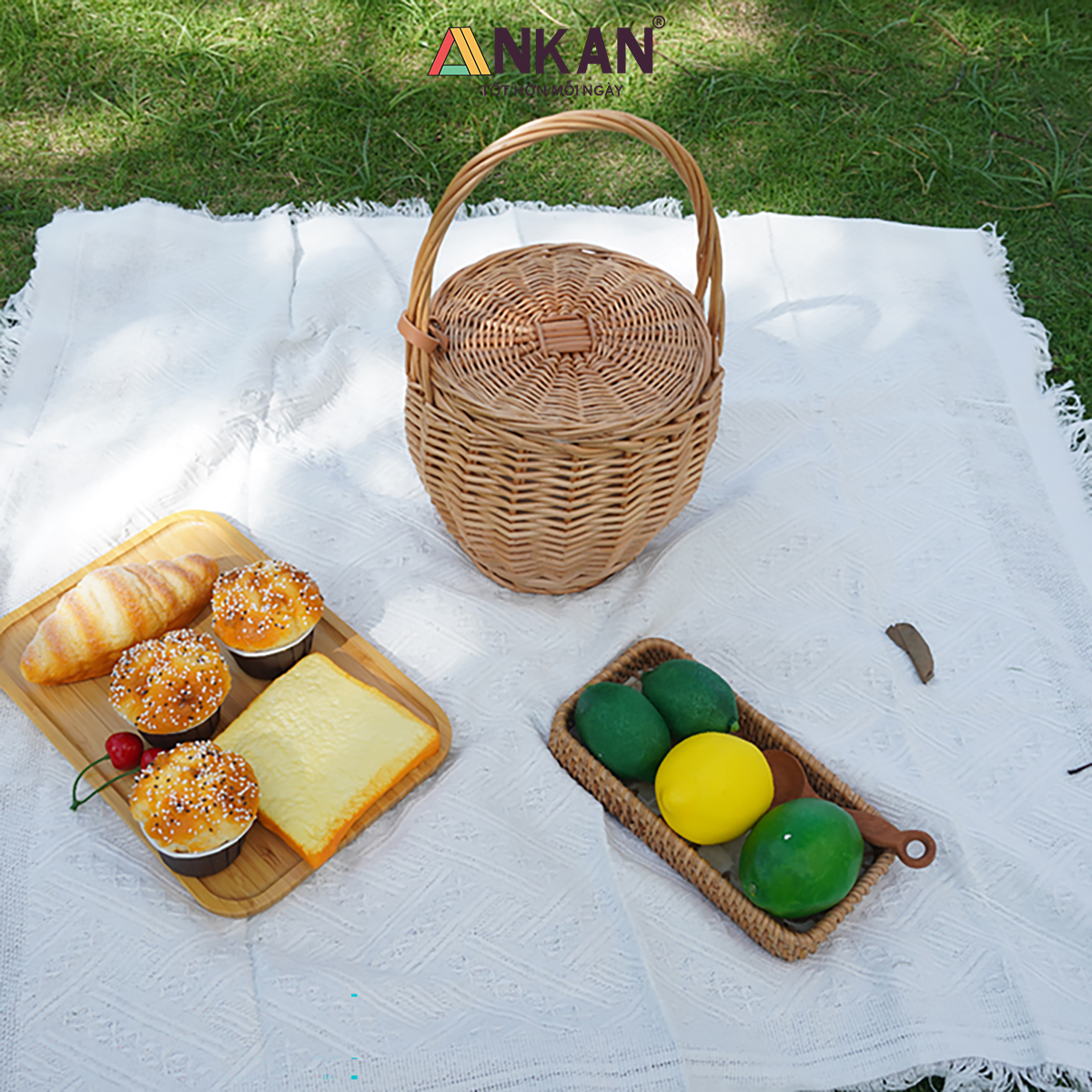 Giỏ Mây Picnic Có Nắp Quai Xách Vintage - Giỏ Mây Tre Đan Thủ Công Cao Cấp Đựng Đồ Ăn, Decor Chụp Ảnh Dã Ngoại