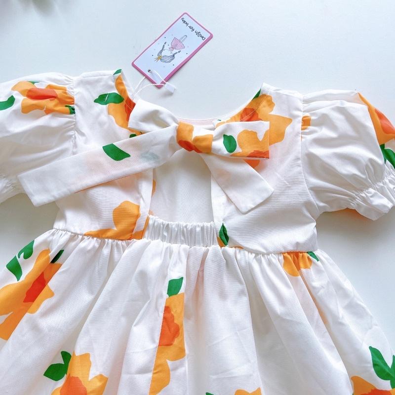Váy Hoa Cam Tay Ngắn Cho Bé Gái 4 Đến 28kg Chất Thô Hoa Mềm Mát