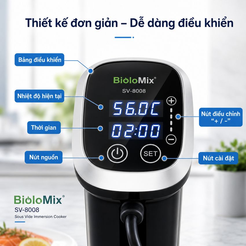 Máy nấu chậm chân không Sous vide BioloMix SV-8008 1200W Điều khiển màn hình LED - Hàng Chính Hãng