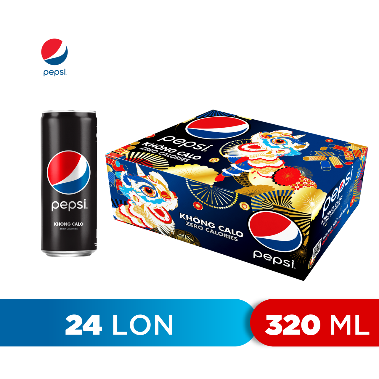 Thùng 24 Lon Nước Uống Có Gaz Pepsi Không Calo (320ml/Lon)