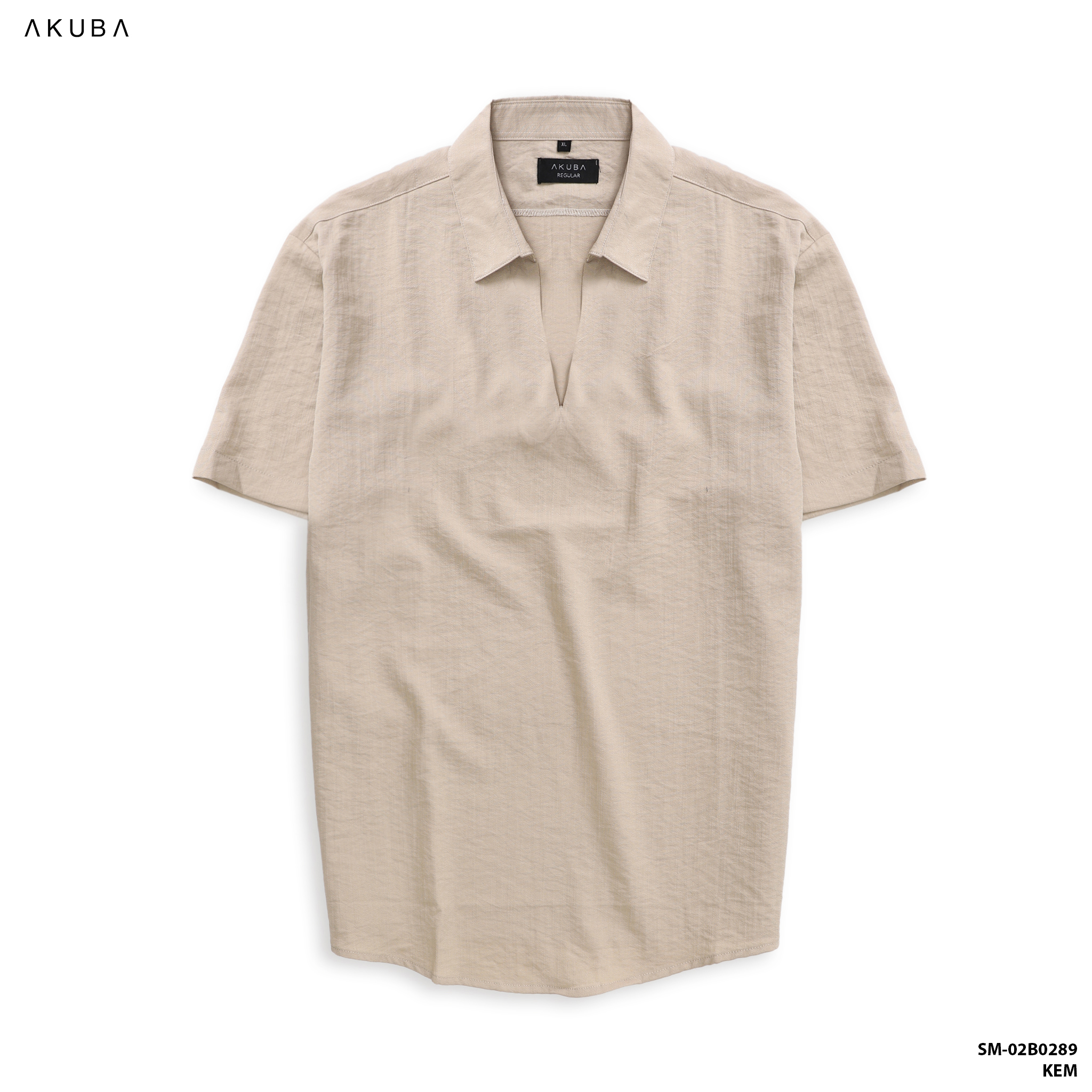 Áo linen nam có cổ tay ngắn trơn AKUBA form regular, vải linen nhẹ, thấm hút cực tốt, thân thiện môi trường 02B0289