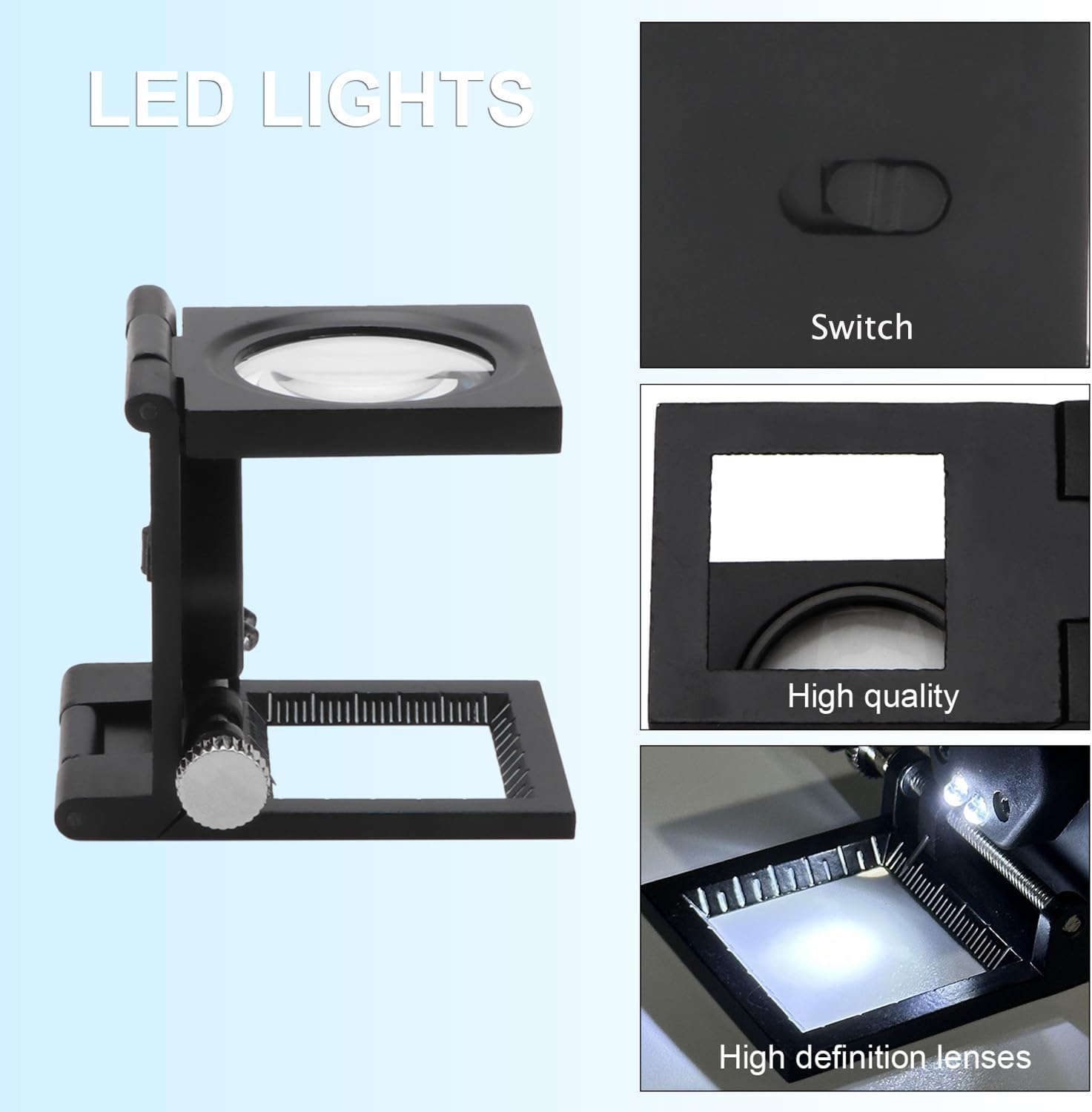 Kính lúp kiểm tra sợi vải có thước đo Terino LH-10X-LED (10x, đèn Led, khung kim loại) - Hàng chính hãng