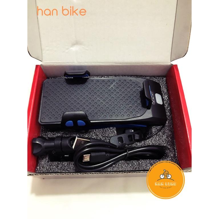 Đèn pin xe đạp thể thao HANBIKE siêu sáng chống nước kèm còi sạc usb có kẹp điện thoại tiện dụng có ảnh thật