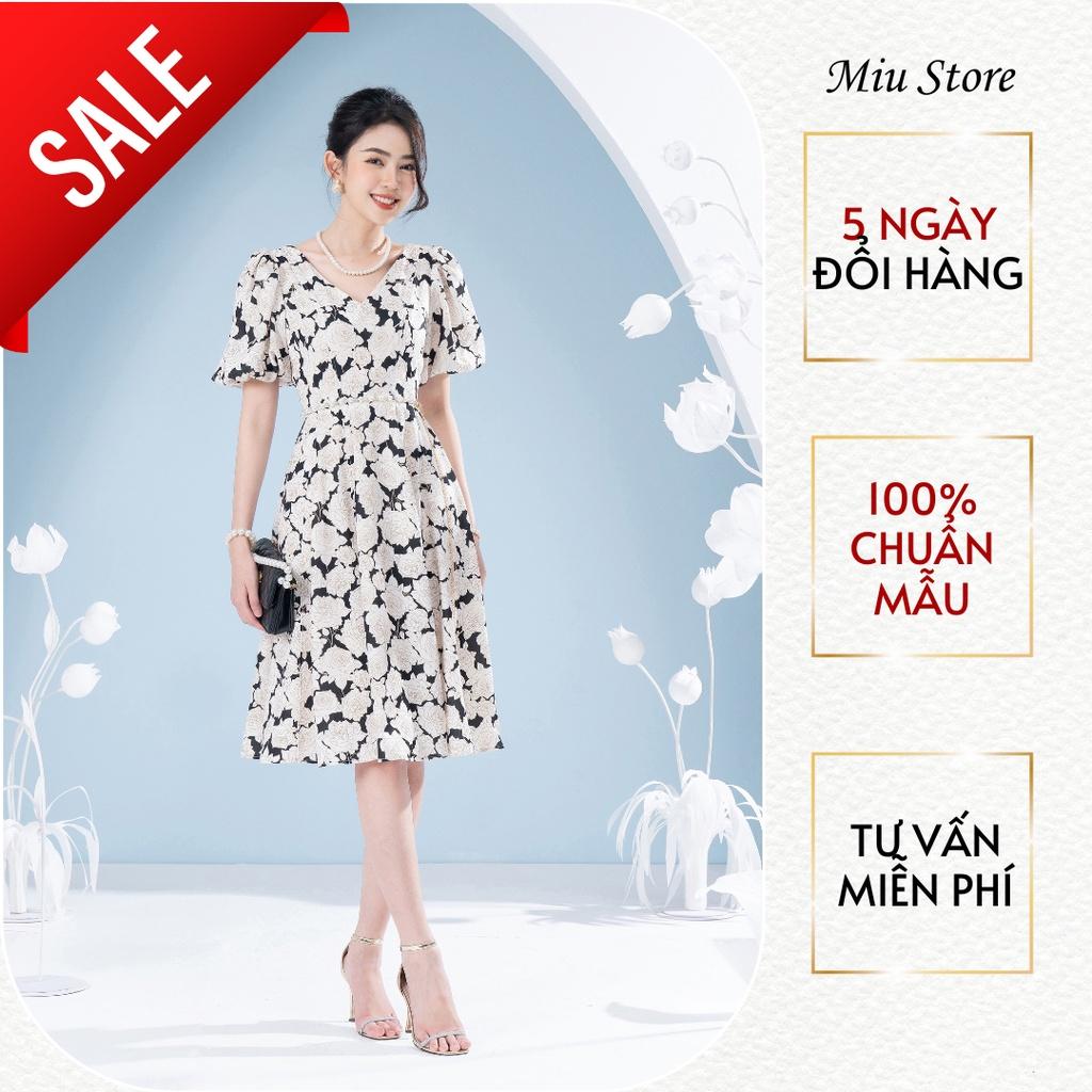 D00443 - Đầm thiết kế tay bồng cổ tim cao cấp hoa hồng sang trọng Miu Store