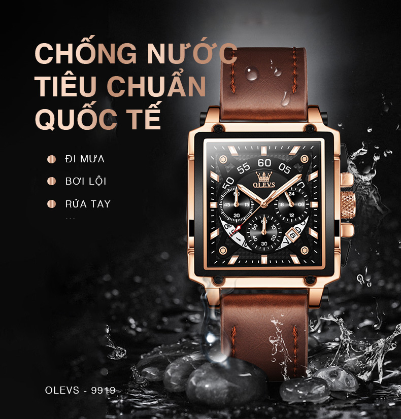 Đồng Hồ Nam OLEVS-9919 Mặt Vuông Cá Tính Mạ Vàng 18K Phong Cách Chronograph Chạy Đủ 6 Kim Có Ô Lịch Ngày, Dây Da Mềm, Rửa Tay Đi Mưa Bơi Lội