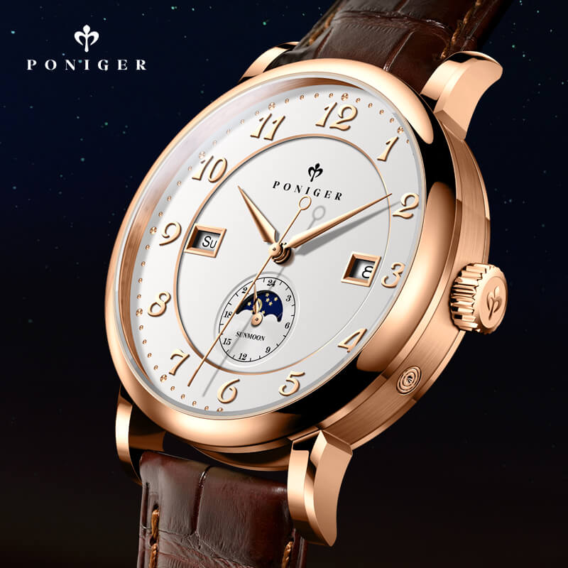 Đồng hồ nam Poniger P915-1 Chính hãng ,Kính sapphire nguyên khối ,chống xước,chống nước 50m,mặt trắng vỏ vàng hồng dây da nâu ( đen) xịn,vỏ máy thép không gỉ 316L,Đồng hồ cơ (Automatic) bảo hành 24 tháng, hàng mới 100%,thiết kế trẻ trung và sang trọng