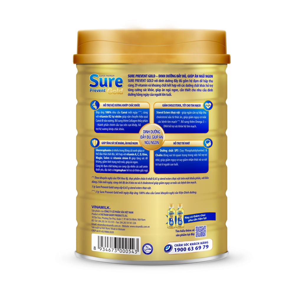 Sữa bột cho người lớn tuổi Vinamilk Sure Prevent 900g (Hộp thiếc) - bổ sung dinh dưỡng và tăng cường sức khỏe