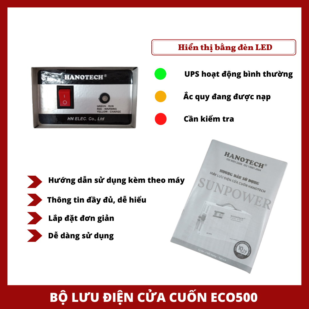 Bộ lưu điện cửa cuốn Caroni ECO500, Dùng cho motor 300kg-500kg, mới 100%, Bảo hành 12 tháng