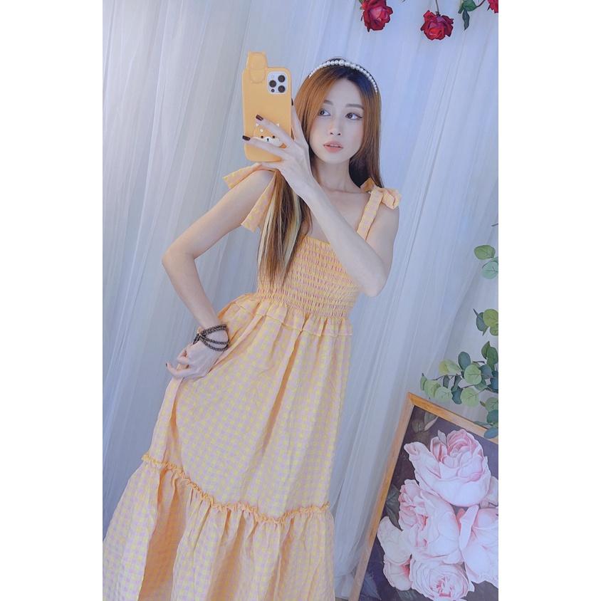 Đầm maxi nữ hai dây cột nơ caro siêu xinh dạo phố du lịch bầu bì bon chen kèm hình thật bao đẹp htd8740