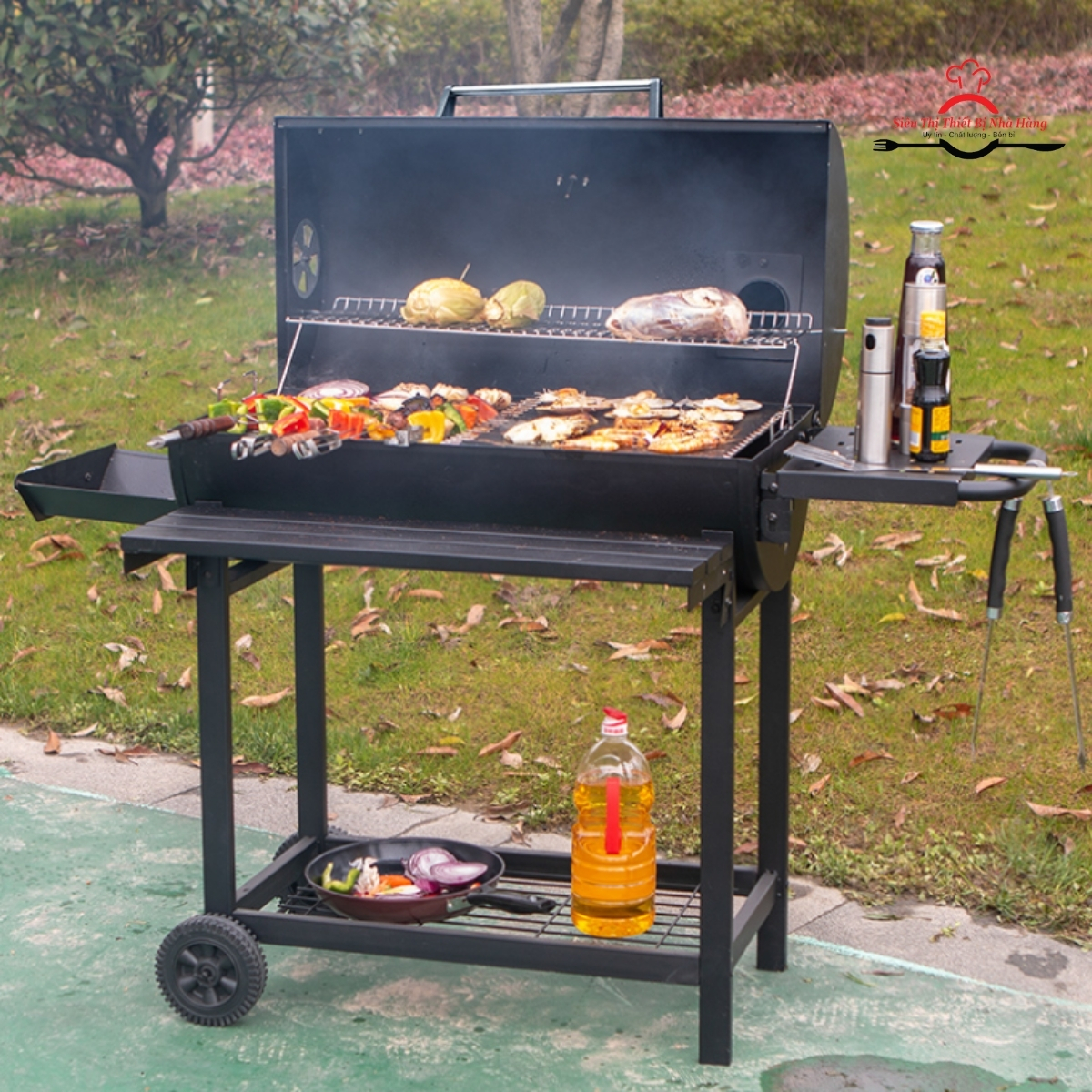 Bếp nướng BBQ, bếp nướng than ngoài trời có nắp đậy, có đồng hồ báo nhiệt + motor.