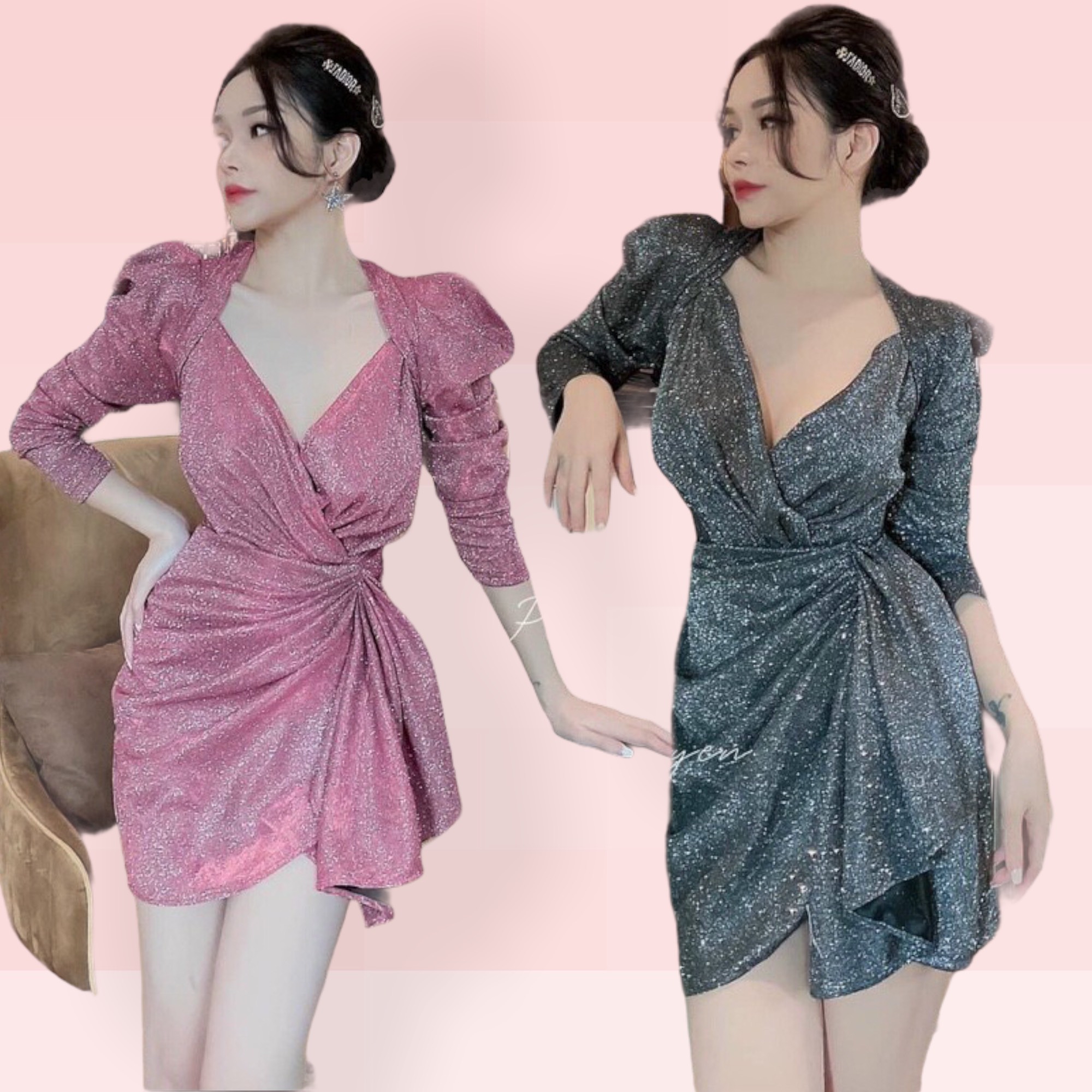 Đầm Body Nhũ Kim Tuyến Cao Cấp eo phối bèo cổ kiểu