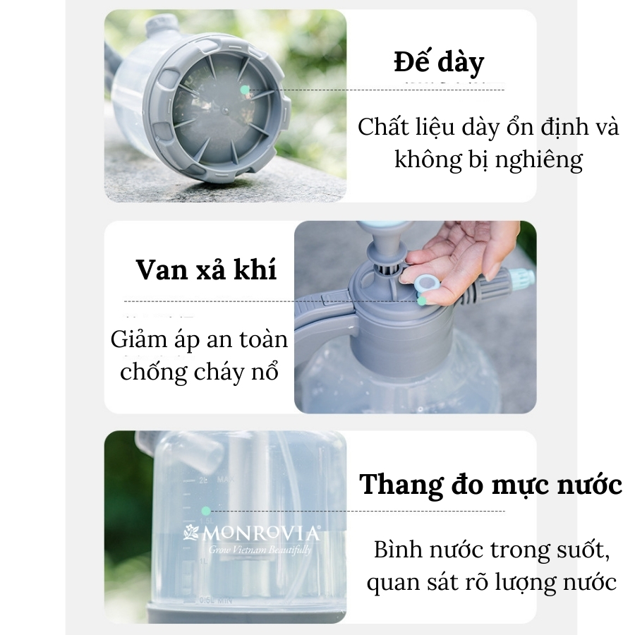 Bình tưới 3L Monrovia tưới cây, phun thuốc, rửa xe với chế độ phun sương, phun tia, phun bọt tuyết
