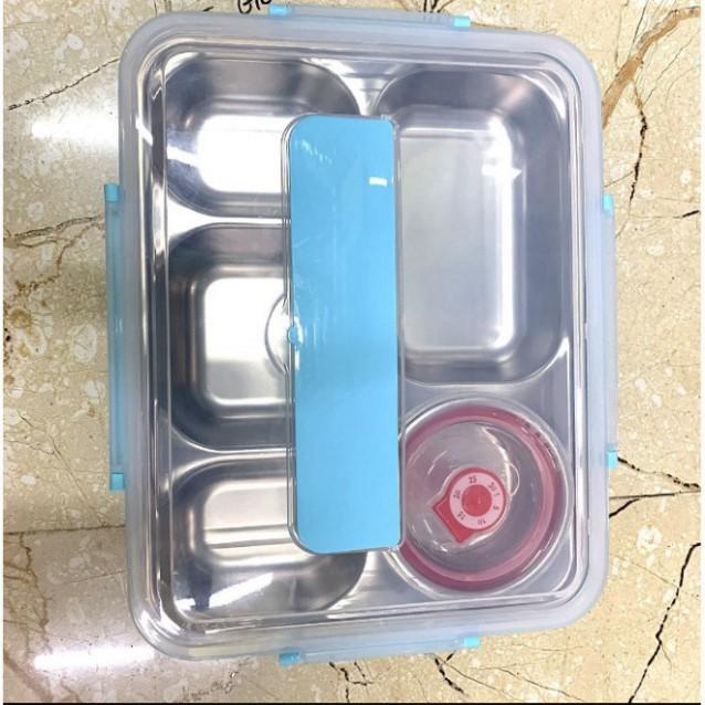 Khay Đựng Cơm Văn Phòng Inox 304 5 Ngăn Có Nắp Đậy - TẶNG Kèm Bộ Đũa Thìa Và Bát Sứ |