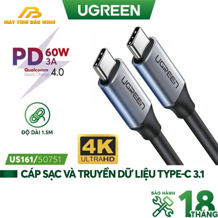 Cáp USB Type C 3.1 Dài 1,5m Cao Cấp Ugreen 50751 - Hàng Chính Hãng