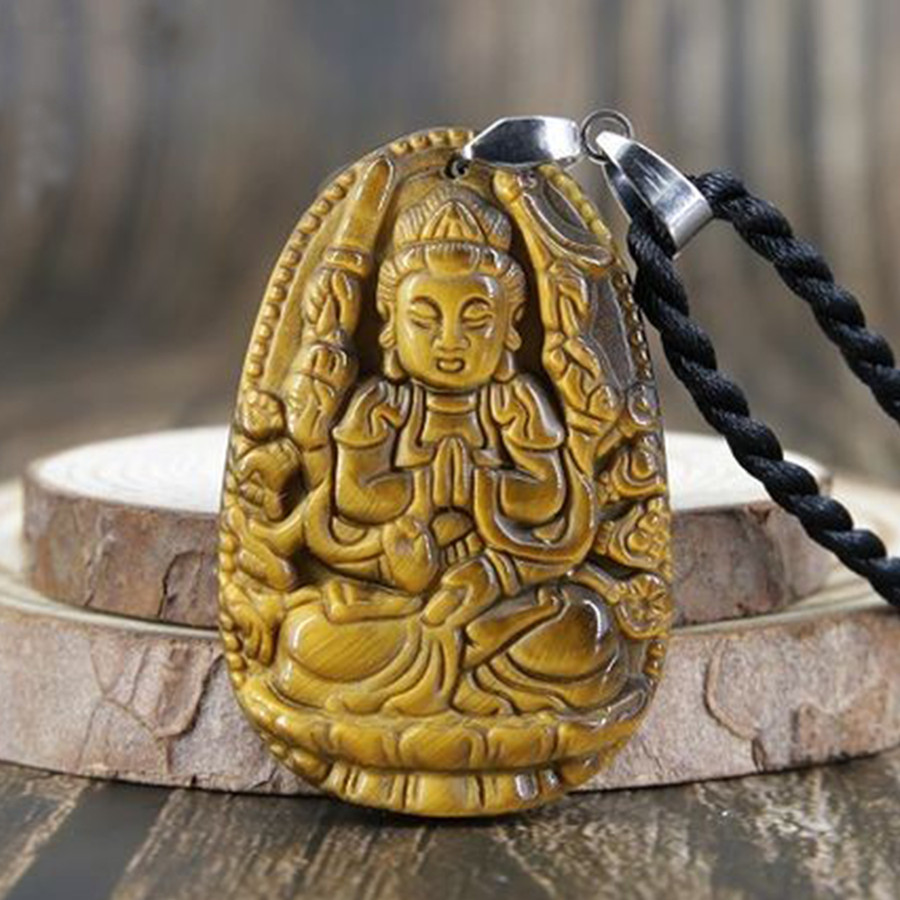 Mặt Dây chuyền Phật Bản Mệnh tuổi Tý, Mệnh Kim, Phật Thiên Thủ Thiên Nhãn, Đá Mắt hổ, Cỡ nhỏ AKO1