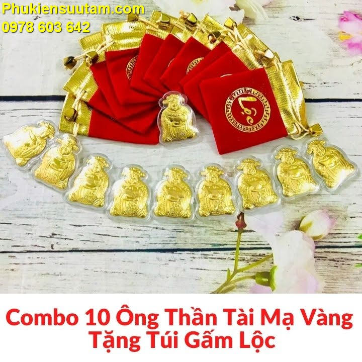 Combo 10 Ông Thần Tài Mạ Vàng Tặng Túi Gấm Lộc, dùng để treo trong nhà, trên cây hoa mai, kích thước 5 x 4cm, màu vàng - TMT Collection - SP005488