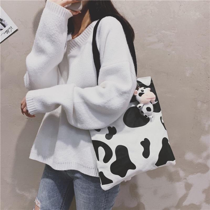 Túi tote vải bố canvas bò sữa xinh xắn Ulzzang