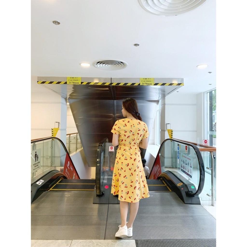 Đầm cổ chéo tà đắp họa tiết trái cây xanh và vàng CHERRY DRESS