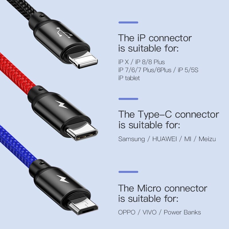 Cáp Sạc Đa Năng 3 Đầu IP - Microusb - Type-C Dài 30cm / 120cm Sạc 3 Thiết Bị Cùng Một Lúc Công Suất 3.5A - Hàng Chính Hãng Baseus