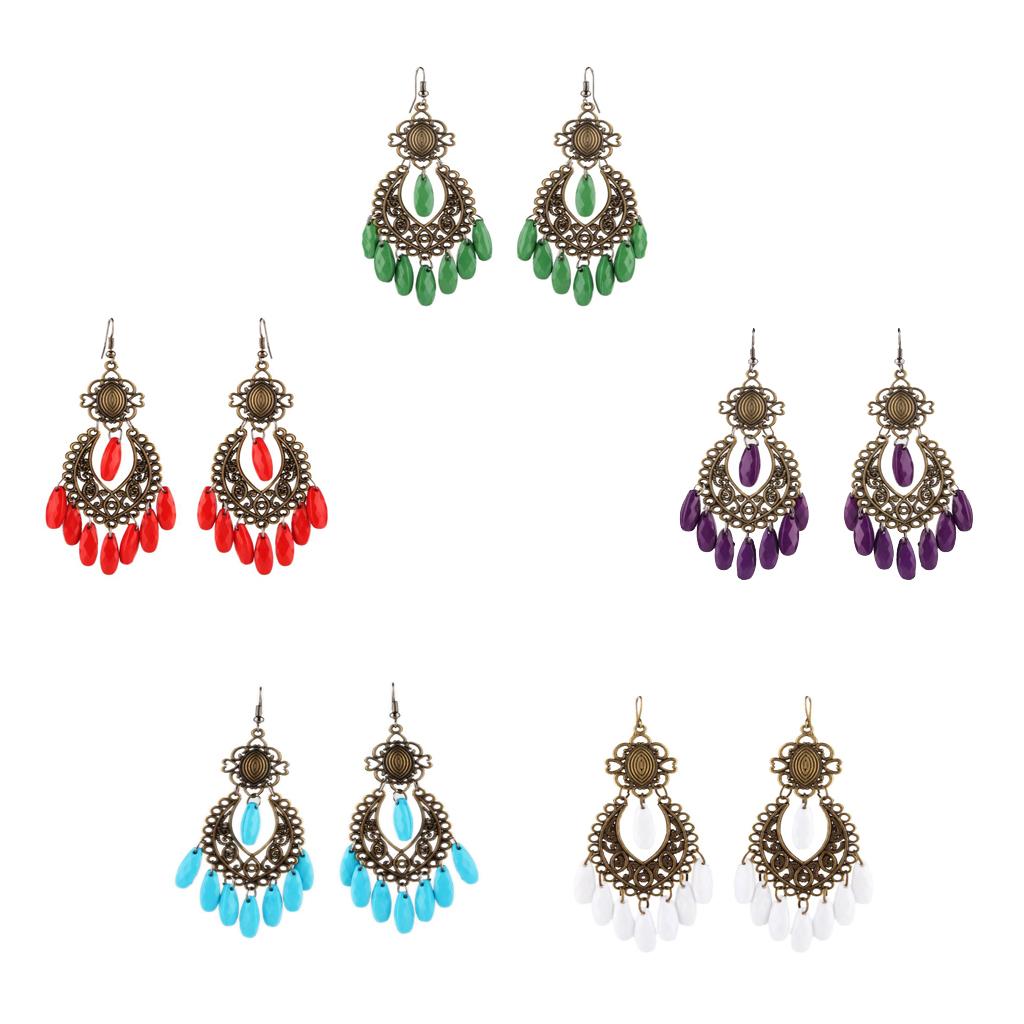 Women Behomia Hollow Flower Alloy Hook Style Earringd Ethnic Odd Beads Dangle Long Tassel Fringe Earrings