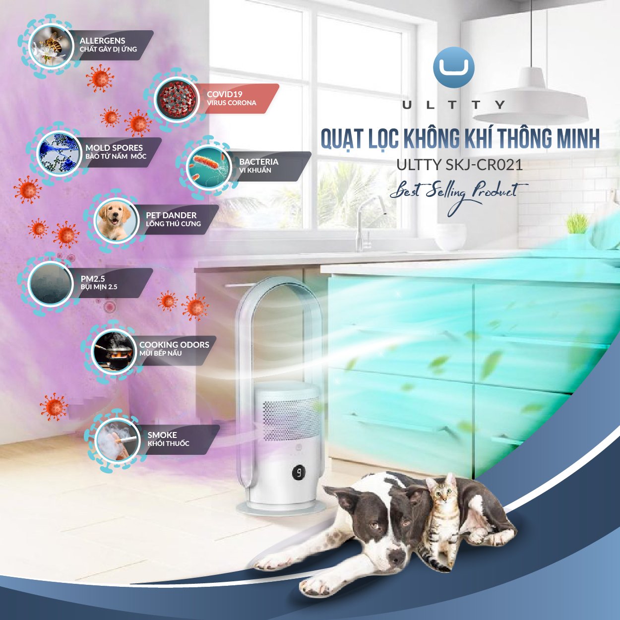 Máy Lọc Không Khí ULTTY SKJ-CR021 Dạng Quạt, Chế Độ Làm Mát 9 Cấp, Bộ Lọc HEPA H13 Loại Bỏ 99,97% Bụi Mịn, Vi Khuẩn, Virut - Màu Trắng - Hàng Chính Hãng