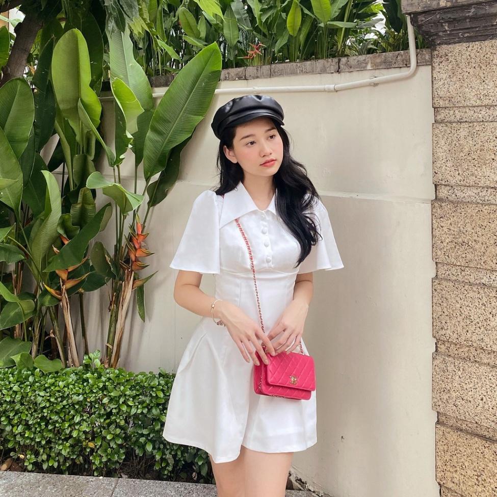 QUẢNG CHÂU Đầm trắng dáng xòe hở lưng, cổ sơ mi xinh xắn CAO CẤP