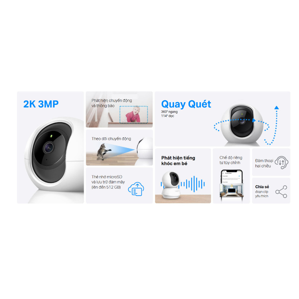 CAMERA WIFI TRONG NHÀ TAPO C210 3MP - Xoay 360 Độ, Đàm thoại hai chiều, Chế độ Riêng tư tùy chỉnh, Phát hiện chuyển động - HÀNG CHÍNH HÃNG