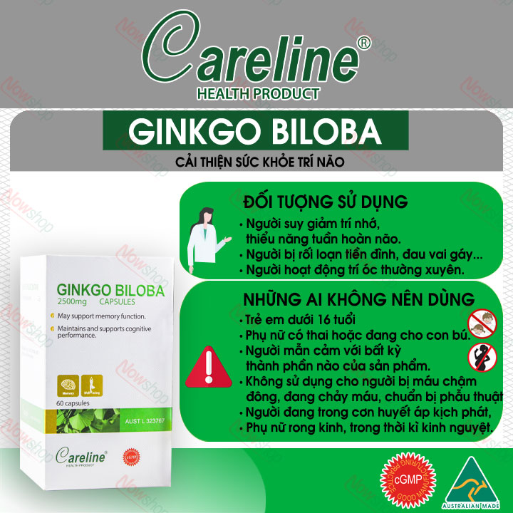 Viên uống bổ não Careline Ginkgo Biloba 2500MG hỗ trợ tăng cường trí nhớ giảm đau đầu mất ngủ