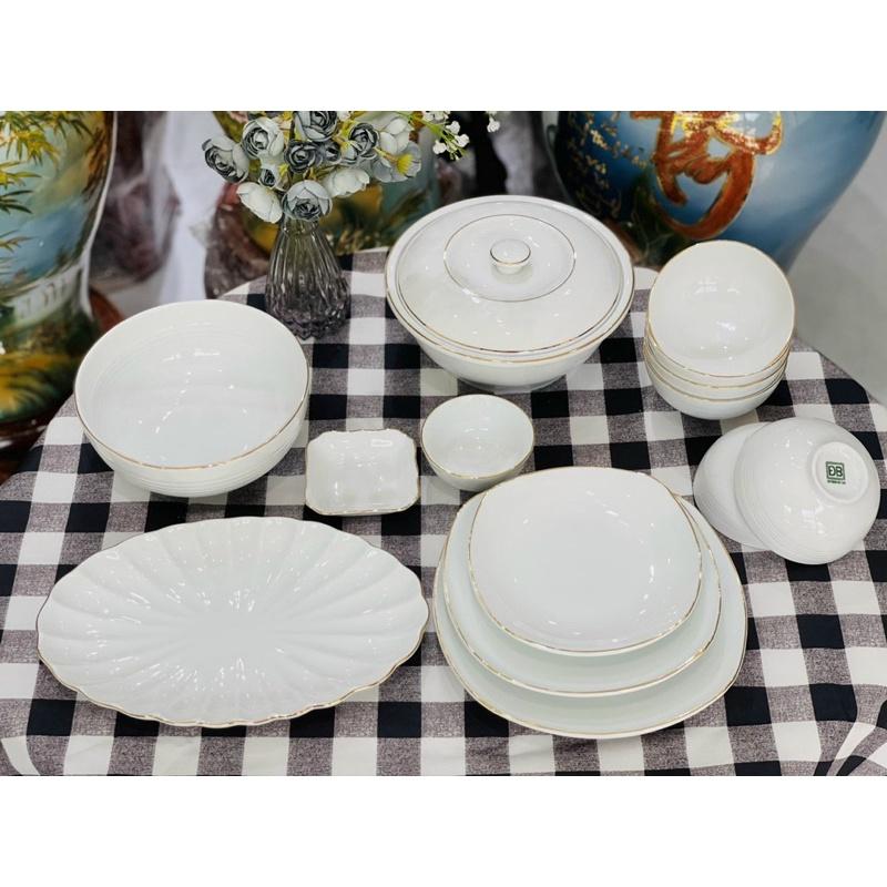 Bộ bát đĩa gốm sứ Bát Tràng14-15 món, men trắng vẽ viền vàng