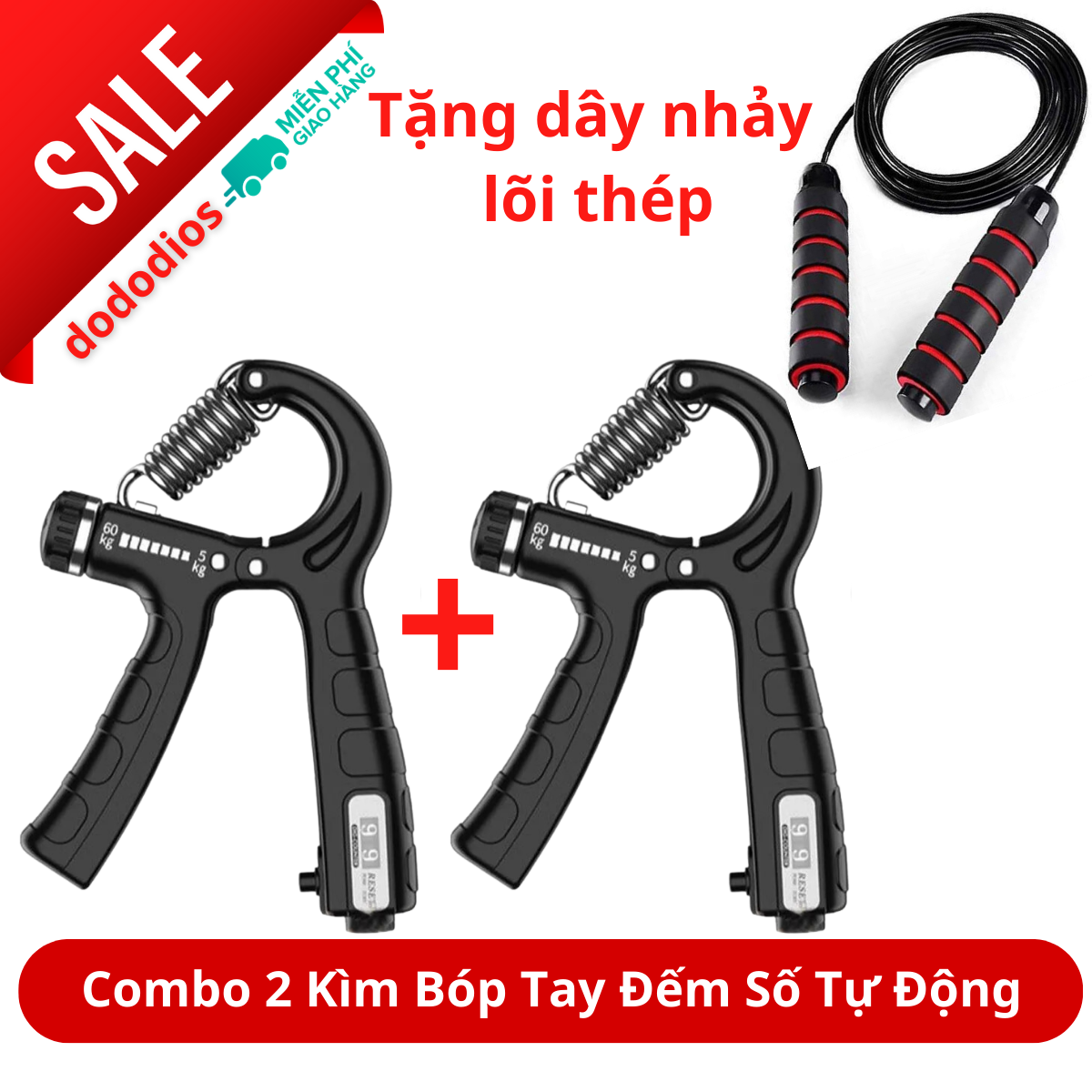 Combo gậy bẻ lò xo tập cơ tay gym + kìm bóp tập cơ tay 100kg PRO - TẶNG 1 DÂY NHẢY LÕI THÉP - Chính Hãng dododios