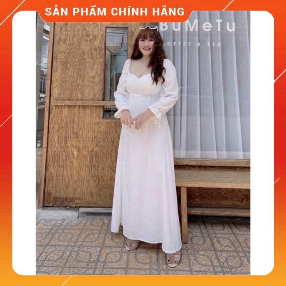 BIGSIZE 50-90KG Đầm maxi đan dây lụa lạnh cổ vuông tay dài xoè dài đan dây lưng hở lưng ngoại cỡ đi biển dự t