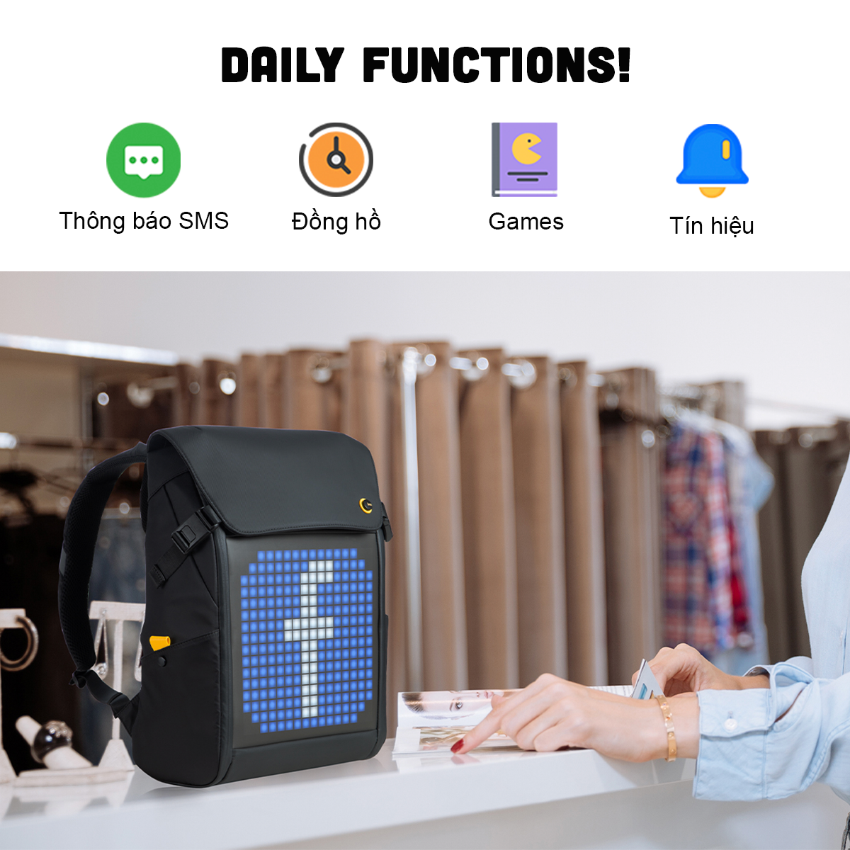 Balo Divoom – Pixoo Backpack-M có màn hình LED tùy chỉnh bằng APP, ngăn chứa lớn vừa Laptop 14 Inch, chống thấm nước cho hoạt động ngoài trời