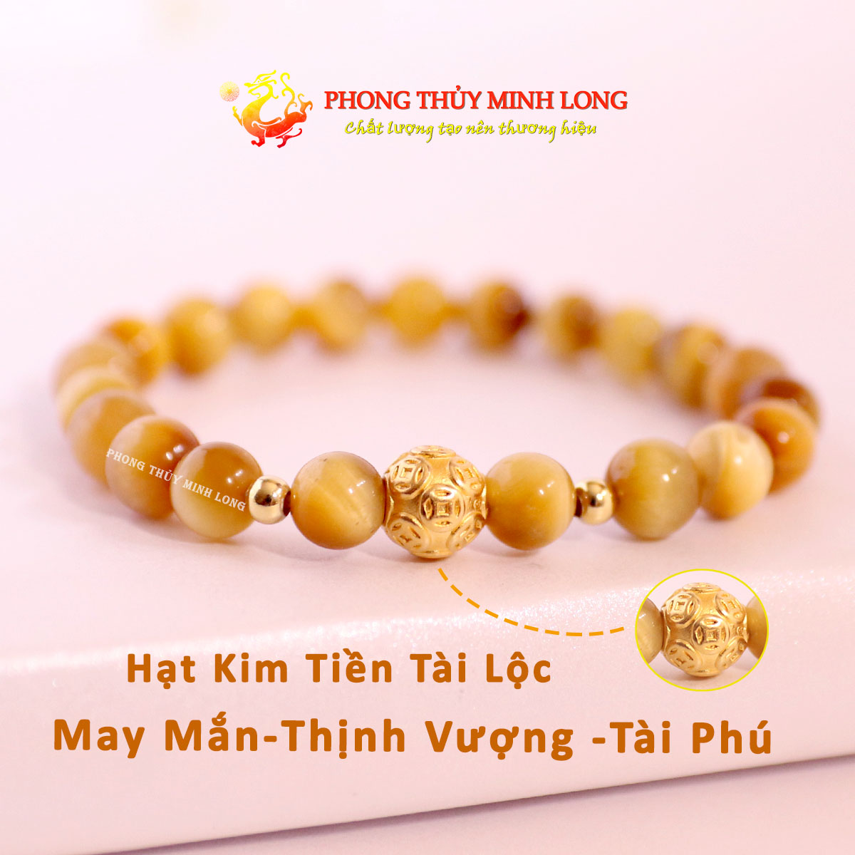 Vòng tay đá mắt hổ vàng tâm mix hạt kim tiền vàng