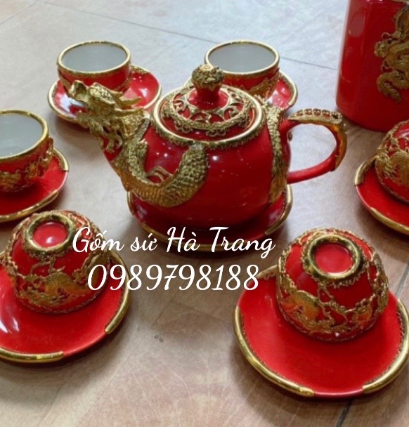 Bộ ấm chén gốm sứ Bát Tràng cao cấp men đỏ bọc đồng hoạ tiết rồng