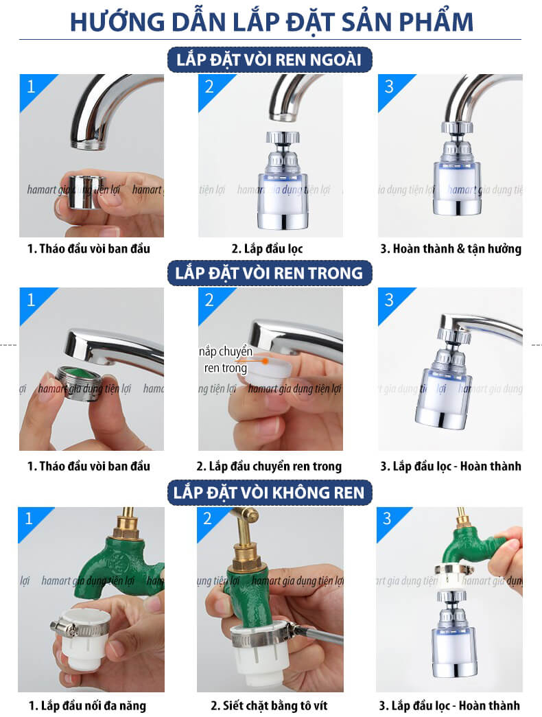 Đầu Lọc Nước Tại Vòi Tăng Áp Xoay 360 Mặt Xả Hoa Sen Rửa Chén Có Đầu Nối &amp; Lõi Bông Lọc Sạch