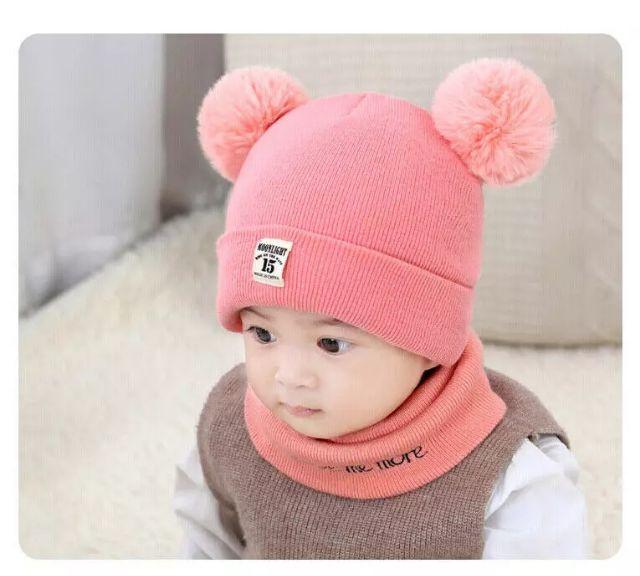 Bộ mũ gấu kèm khăn ống cho bé 0-12 tháng