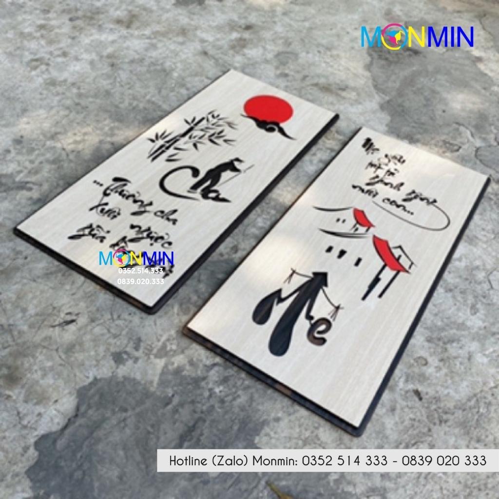 Tranh gỗ slogan tạo động lực Monmin M131 - Thương cha xuôi ngược giữa dòng đời Mẹ yêu tất cả gánh gồng nuôi con